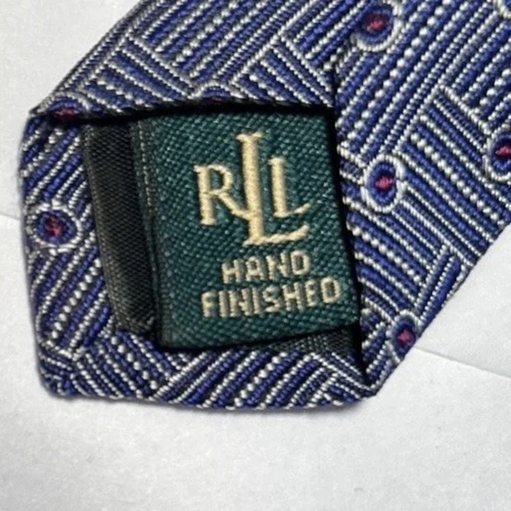 Ralph Lauren Silk Tie Green Label Blue Geometric Print Hand Finished Made in USA
